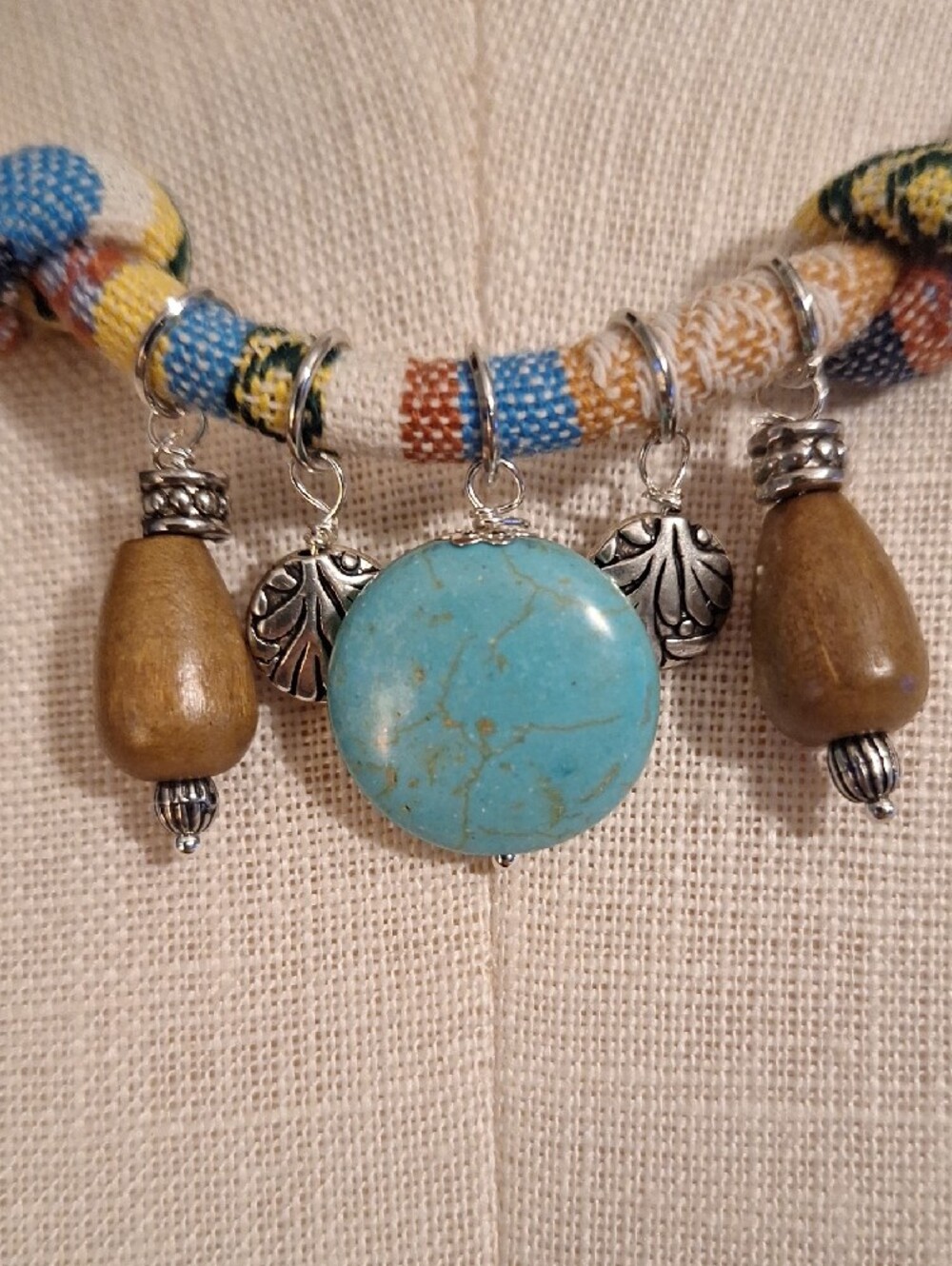 Boho Turquoise Pendant Bead Necklace On Multicolor Fabric Cord - Picture 3 of 7